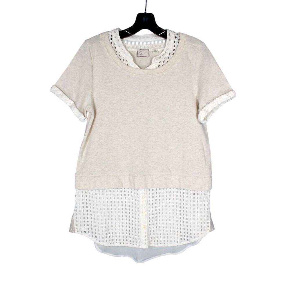 POSTMARK Anthropologie BEIGE Pullover PICNIC LAYERED Eyelet SWEATSHIRT/BLOUSE M